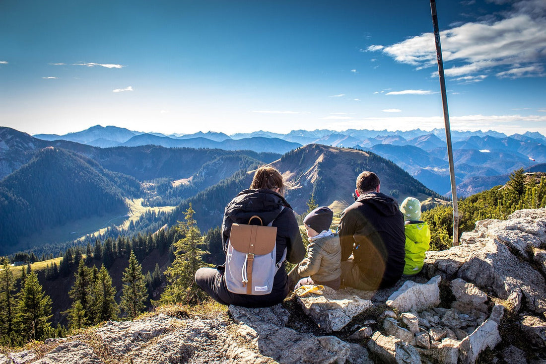 family with kids hiking overlooking mountains