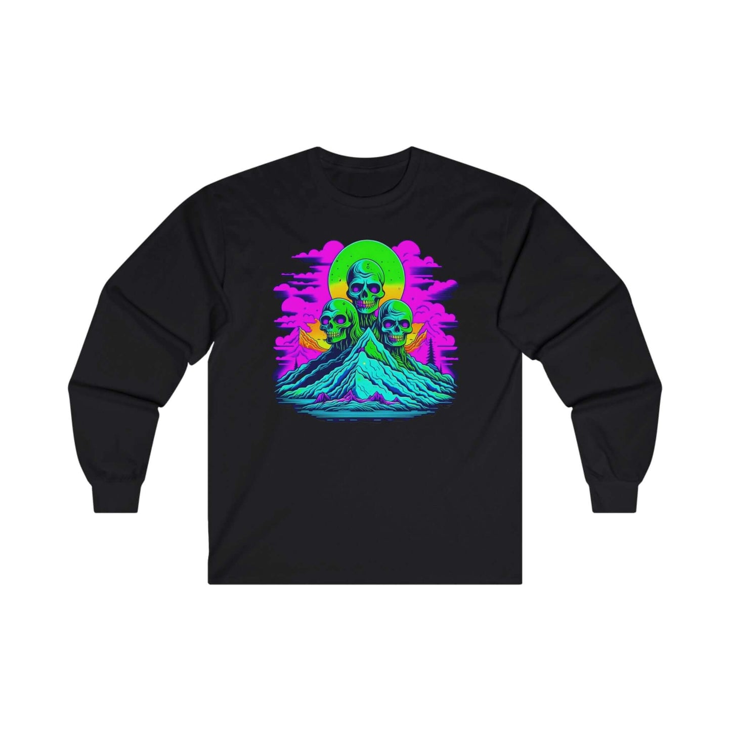 Unisex Ultra Cotton Long Sleeve Zombie Tee with vibrant skull design, organic cotton, cozy fit, made in USA.