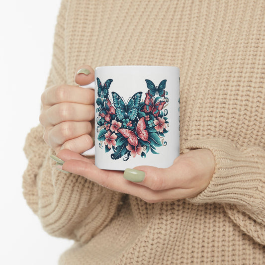 Colorful Butterfly Floral Ceramic Coffee Mug | 11oz & 15oz Options | Dishwasher & Microwave Safe
