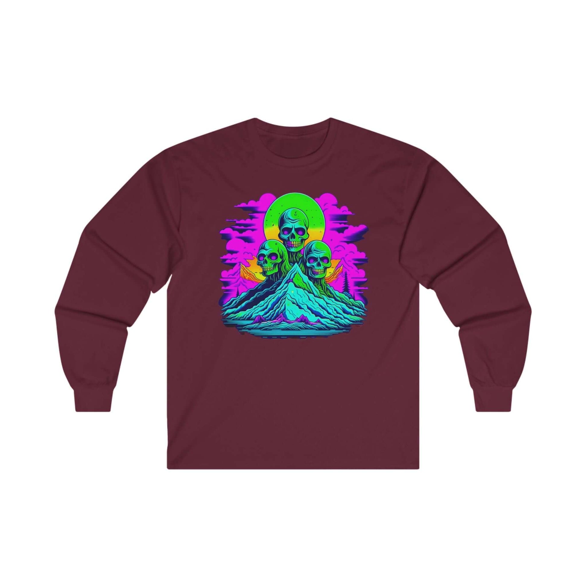 Unisex ultra cotton long sleeve zombie tee, featuring vibrant skull design, organic cotton comfort, USA-made, long sleeve sweater.