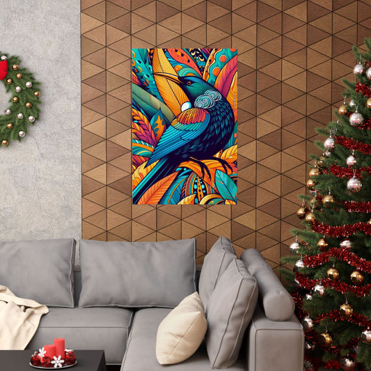 Vibrant Retro Tui Bird Art Poster, Matte Vertical Wall Decor, Wall Art, Gift