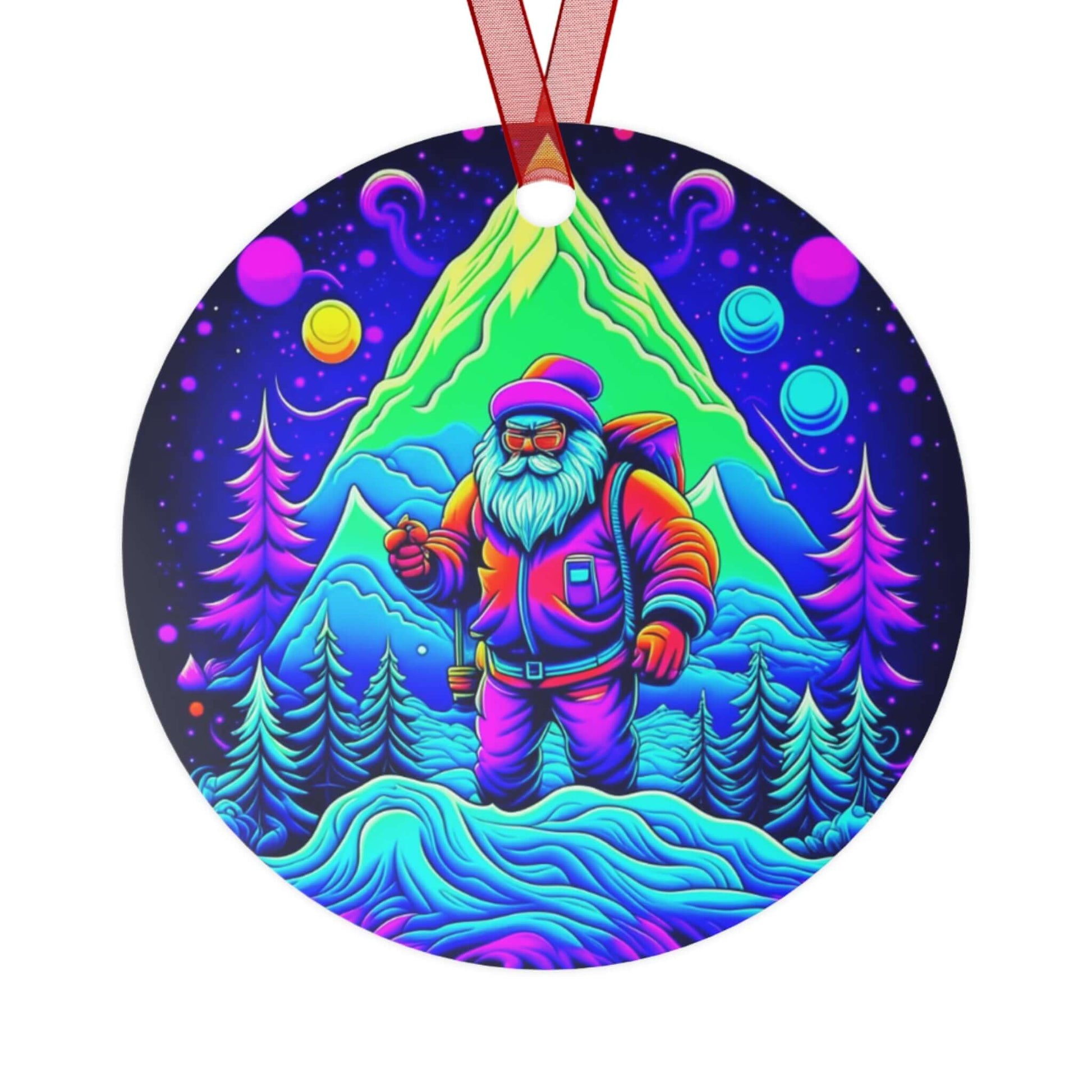 Psychedelic Santa Christmas ornament, fun and festive aluminum decor.