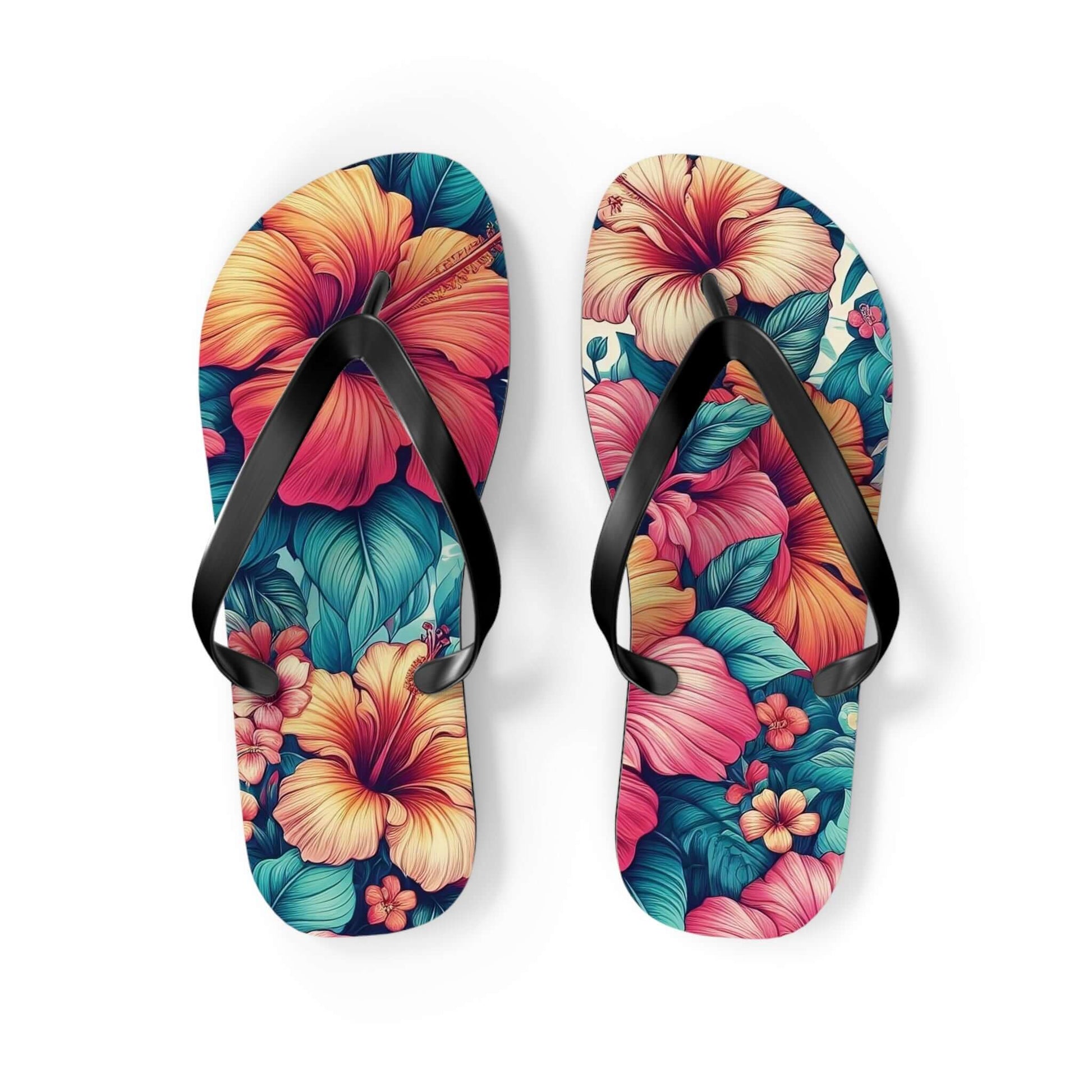 Hibiscus floral flip flops, vibrant tropical design, perfect for summer outings in the USA.