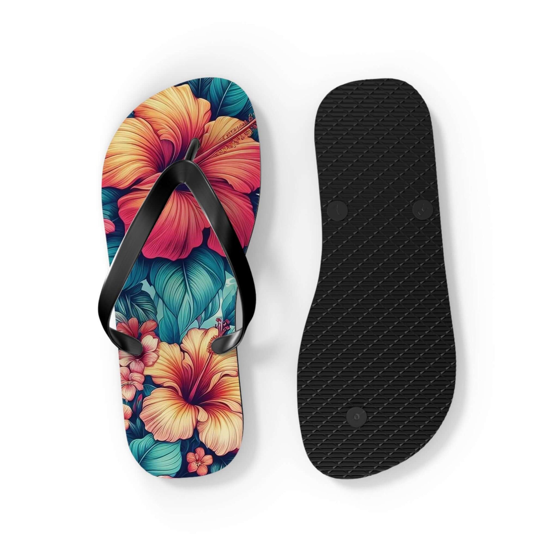 Tropical hibiscus design flip flops, ideal for poolside lounging and warm-weather adventures.