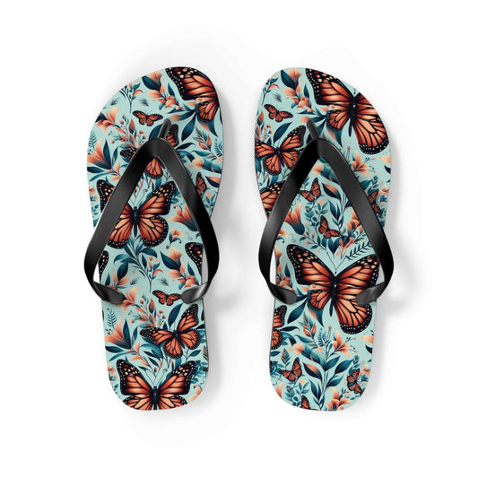 Elegant butterfly print flip flops, soft and durable, made in USA.