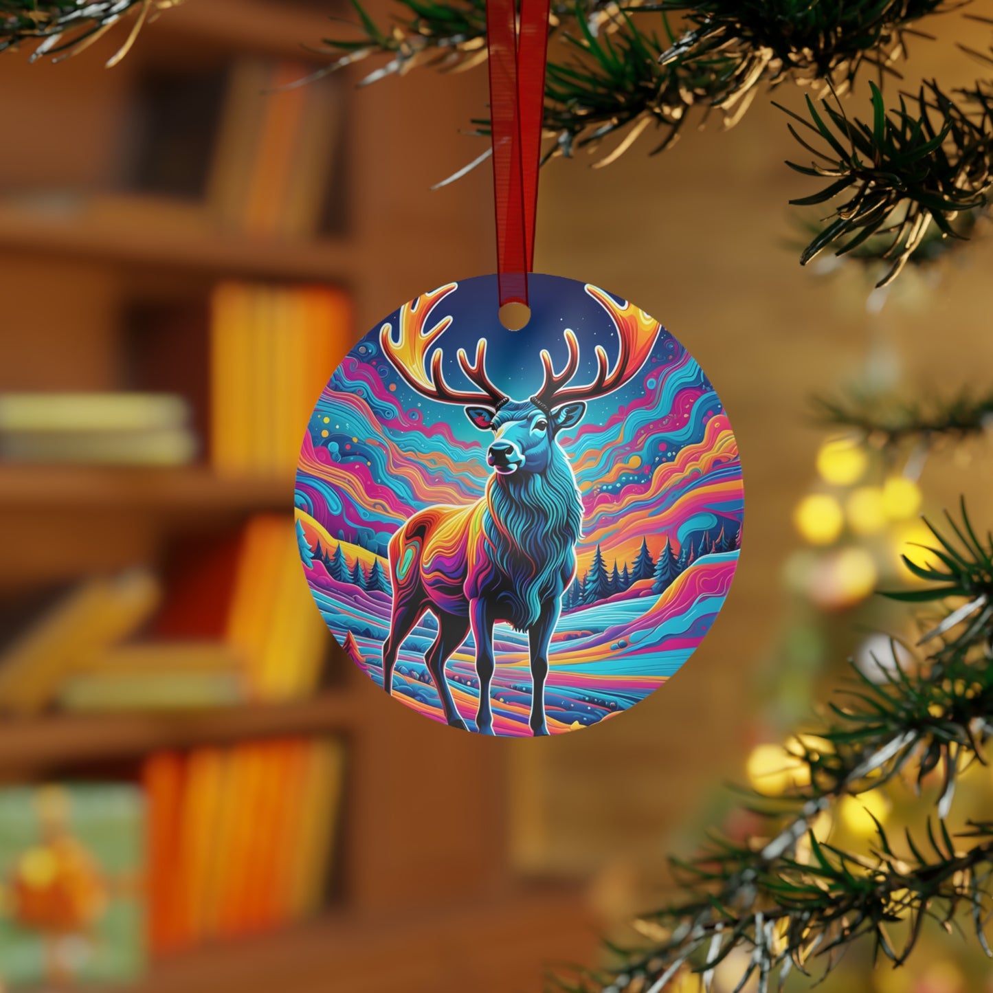 Trippy Reindeer Christmas Ornament | Bold Aluminum Holiday Decor | Unique Psychedelic Xmas Tree Decoration