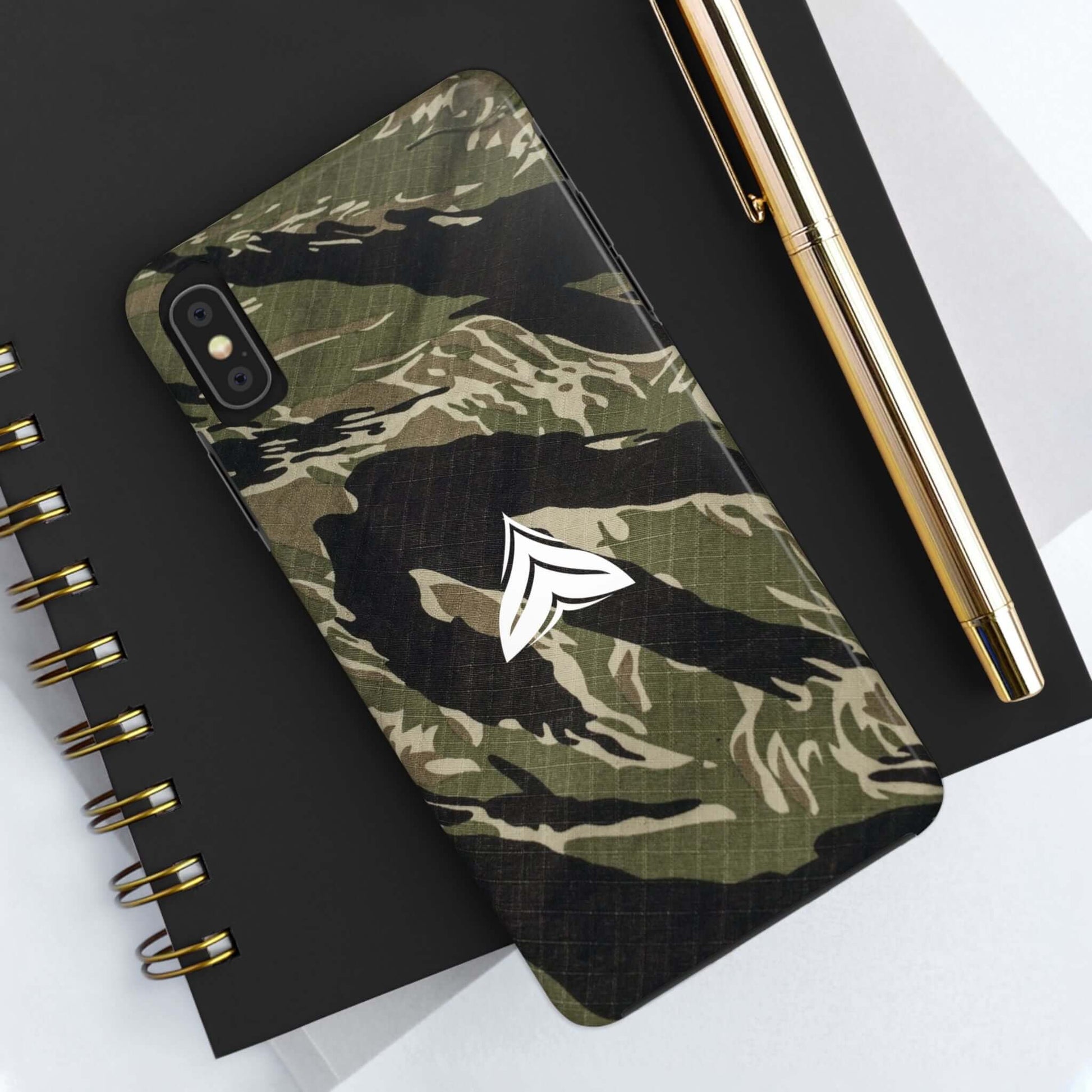 Tough camouflage phone case featuring impact-resistant design for iPhone and Samsung, crafted for outdoors.