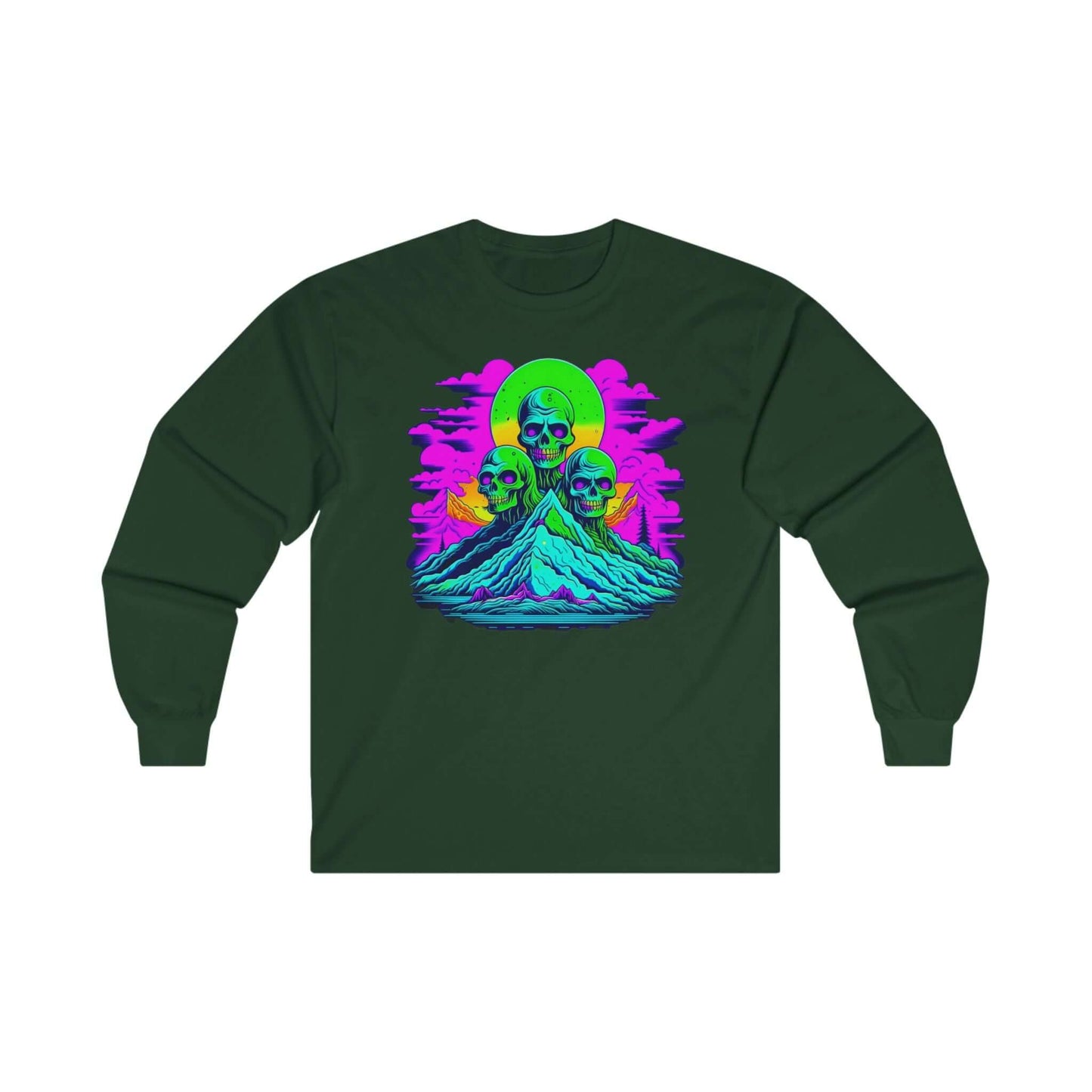 Unisex ultra cotton long sleeve zombie tee with vibrant skull design, made from organic cotton in USA, green background.