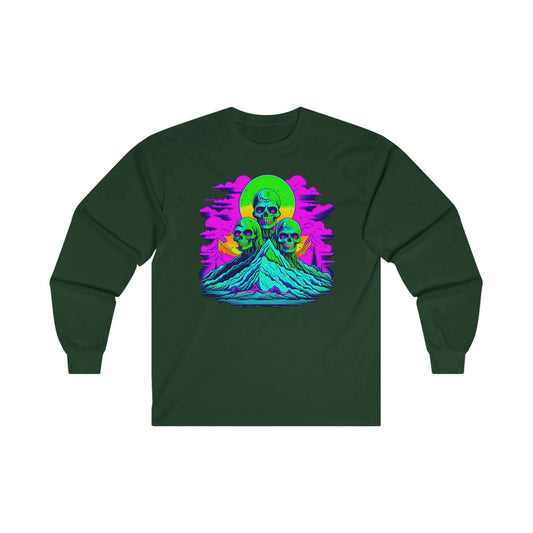 Unisex ultra cotton long sleeve zombie tee with vibrant skull design, made from organic cotton in USA, green background.