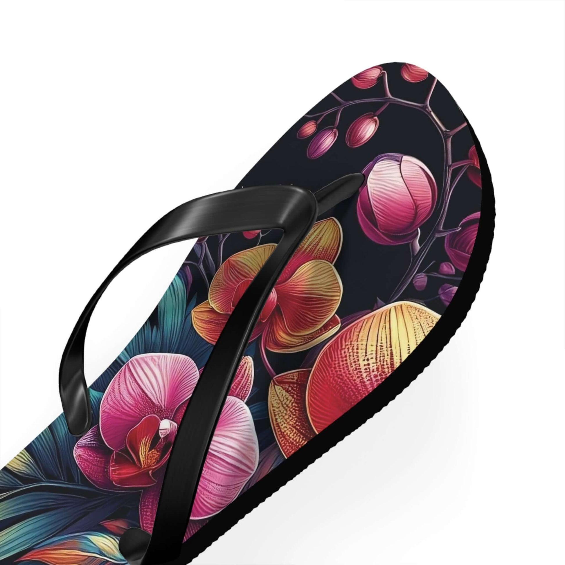 Beautiful floral lily design flip flops, adding a pop of color to any summer wardrobe.