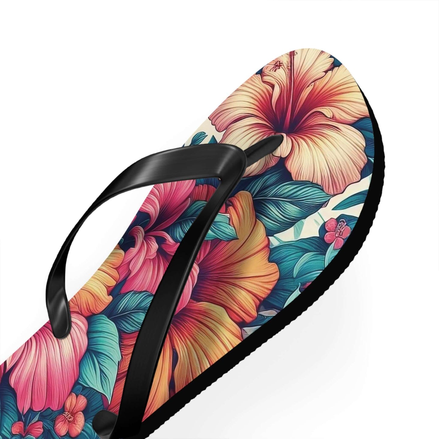 Hibiscus flip flops with bold floral design, designed for comfort and summer fun in the USA.