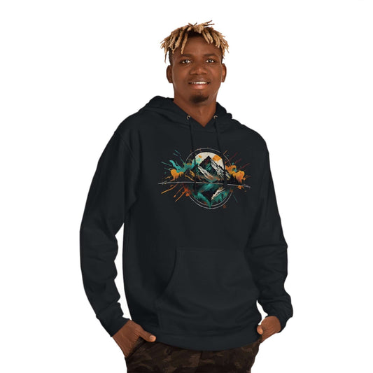 Eye-catching Wyld Peak hoodie sweatshirt with a trippy mountain graphic for hiking and camping fans.