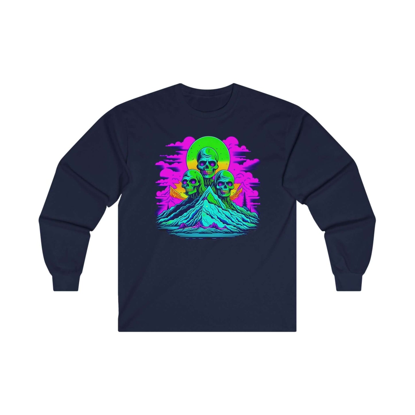 Unisex ultra cotton long sleeve zombie tee with colorful skull design, organic cotton, long sleeve sweater, made in USA.