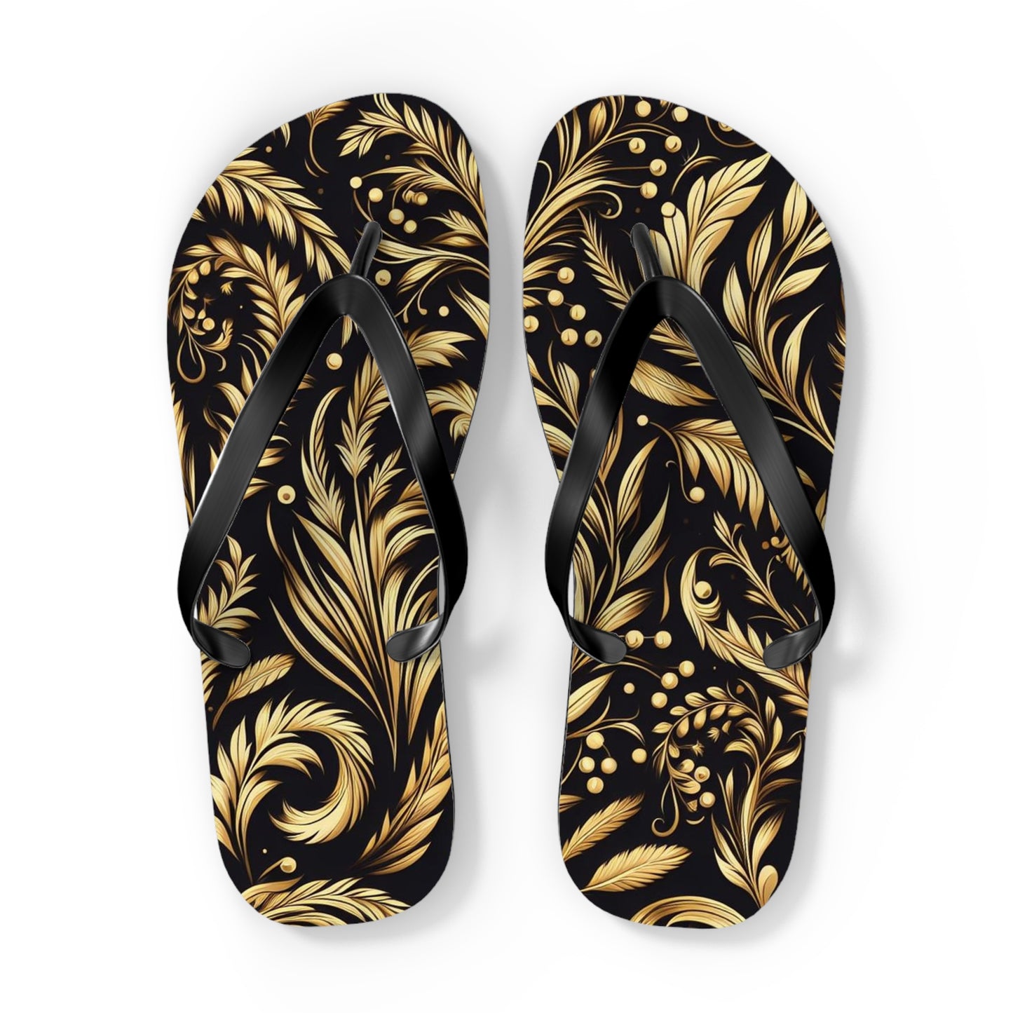 golden floral flip flops with white background
