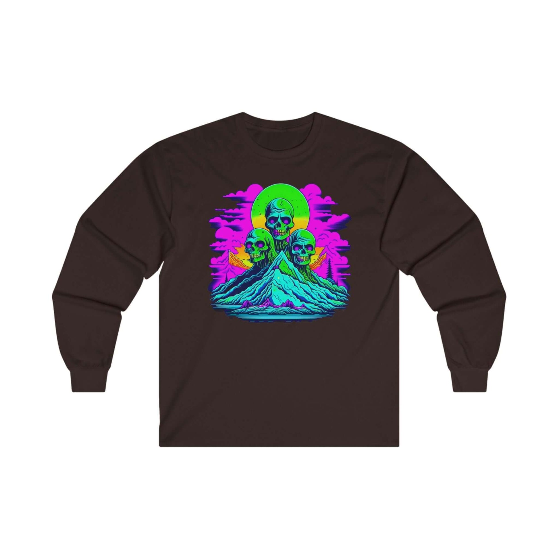 Unisex Ultra Cotton Long Sleeve Zombie Tee with vibrant skull design, organic cotton, USA-made, long sleeve sweater.