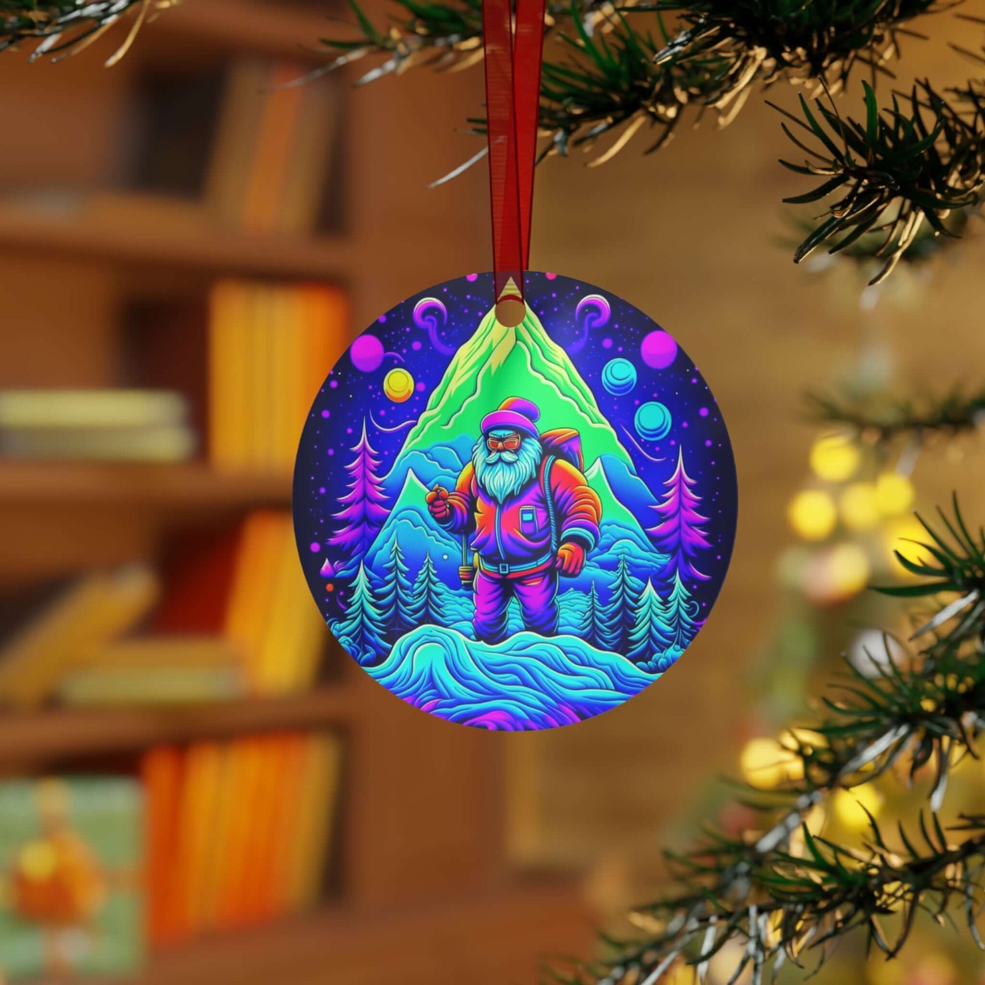 Aluminum Santa ornament, psychedelic design, unique for festive decorating.