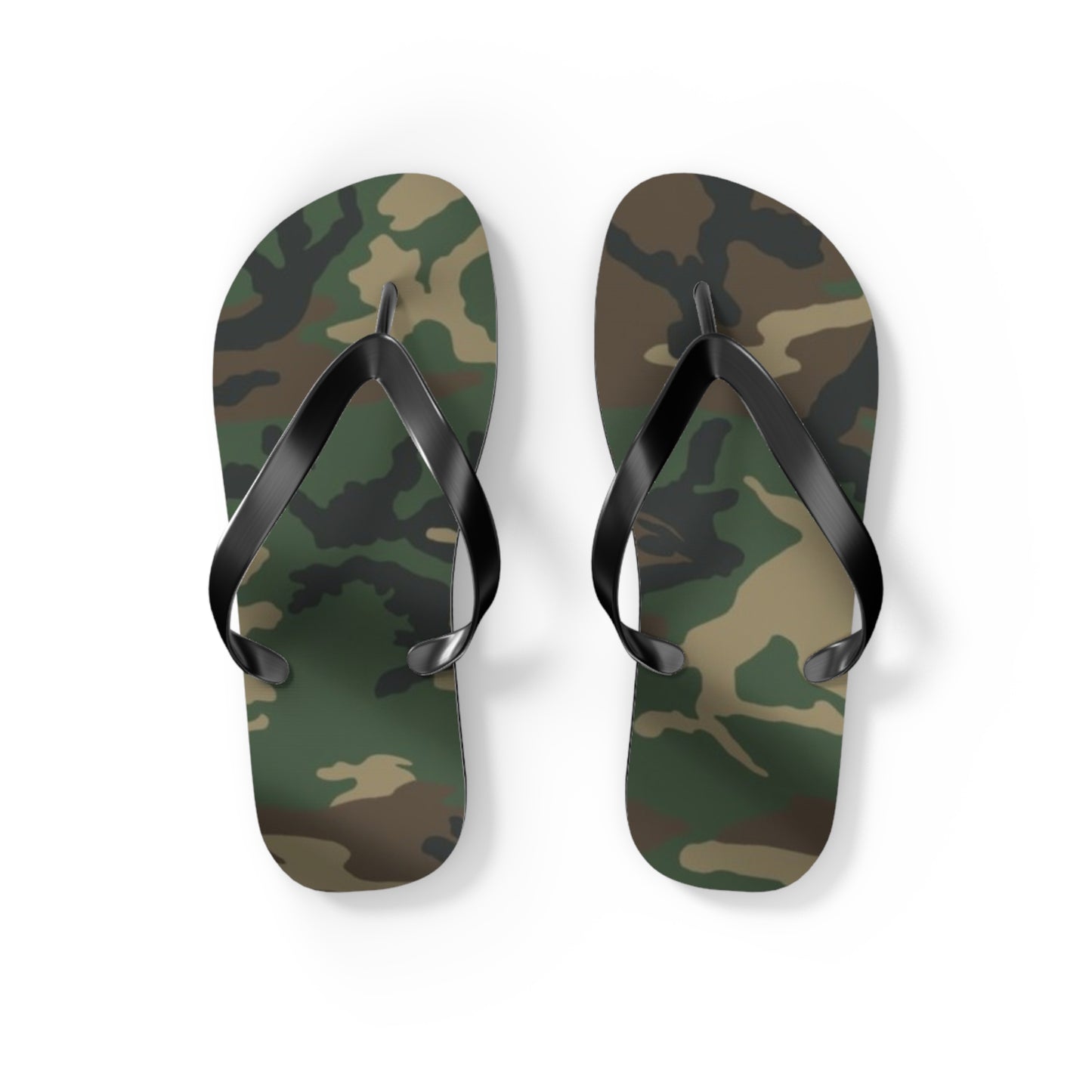 a pair of camouflage flip flops on a white background