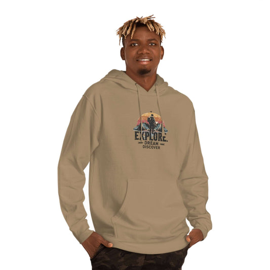 Eco-friendly unisex hoodie with an inspiring 'Explore, Dream, Discover' front graphic in desert tan color.