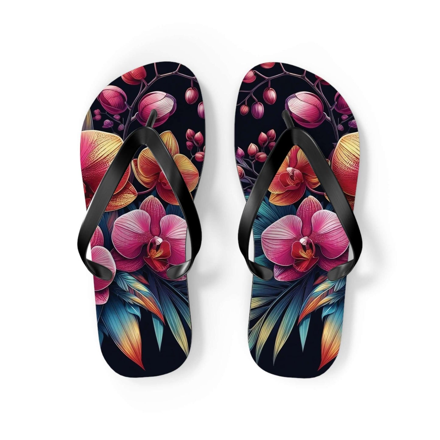 Vibrant floral lily design flip flops, ideal for beach outings, poolside, or everyday use.